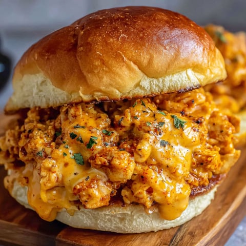 A Cajun Chicken Sloppy Joes sandwich on a wooden cutting board.