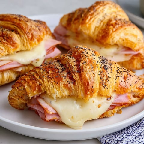 Two croissants with ham and cheese.