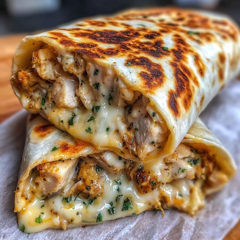 A cheesy alfredo garlic chicken wrap.