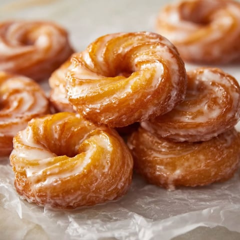 A stack of French crullers on a table.