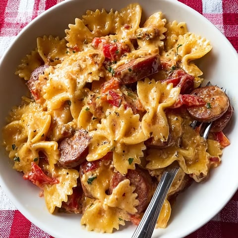 A bowl of pasta with sausage and tomatoes.