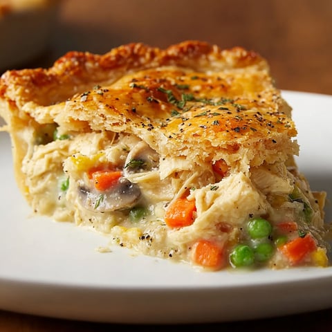 A slice of a chicken pot pie.