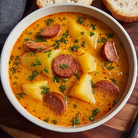 A bowl of soup with sausage and potatoes.