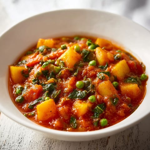 A bowl of vegetable stew with peas, potatoes, and spinach.