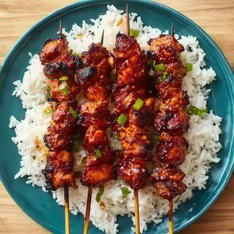 A plate of rice with two skewers of meat.