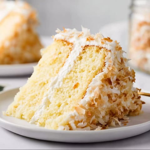 A slice of coconut custard cake on a plate.