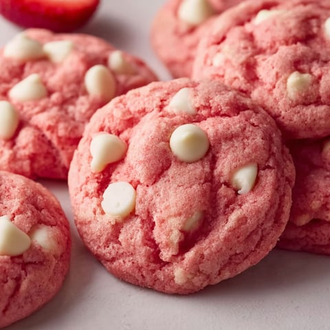A pink cookie with white chocolate chips.
