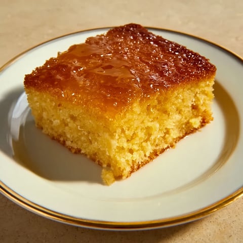 A slice of honey butter cornbread on a plate.