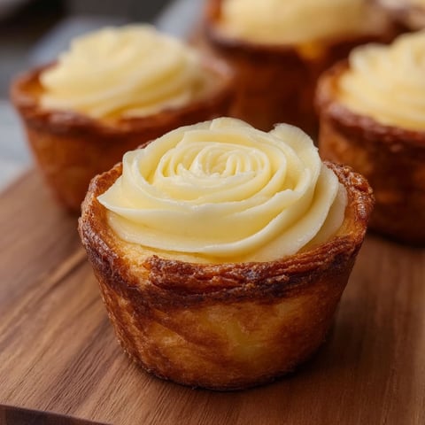 Three homemade cupcakes with frosting and a rose on top.