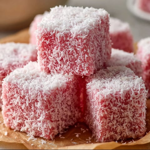 Pink lamingtons on a plate.