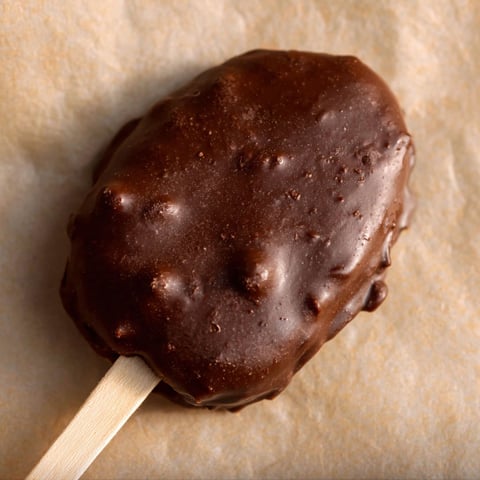 A chocolate bar with a wooden stick.