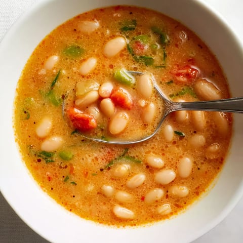 A bowl of soup with beans, tomatoes, and greens.