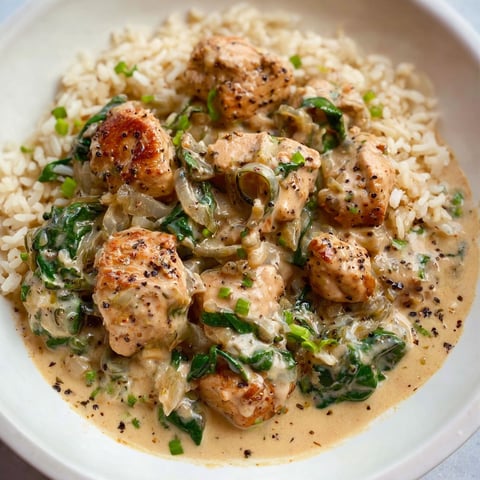 A bowl of rice with chicken and basil.