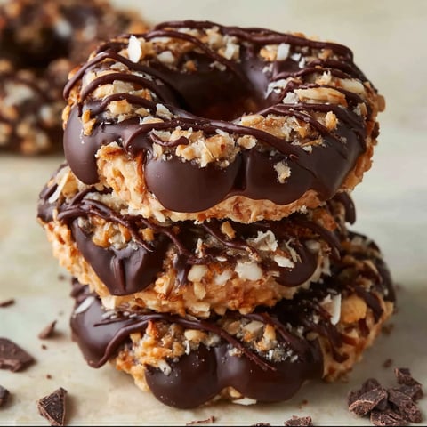 A stack of chocolate covered Samoas cookies.