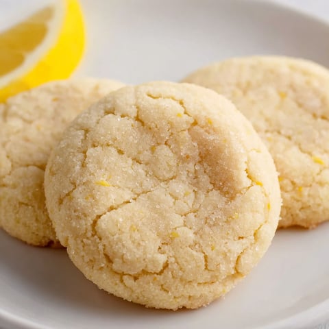 Three cookies on a plate with a lemon wedge.
