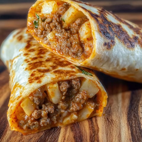 Two cheesy beef potato burritos.