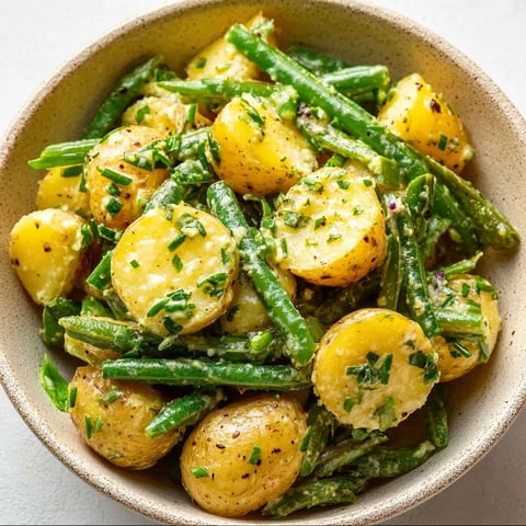 A bowl of grüner-bohnen-kartoffelsalat.