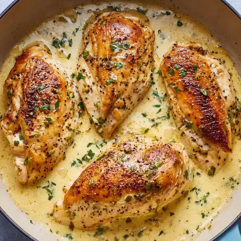 A pan of mushroom stuffed chicken breasts.