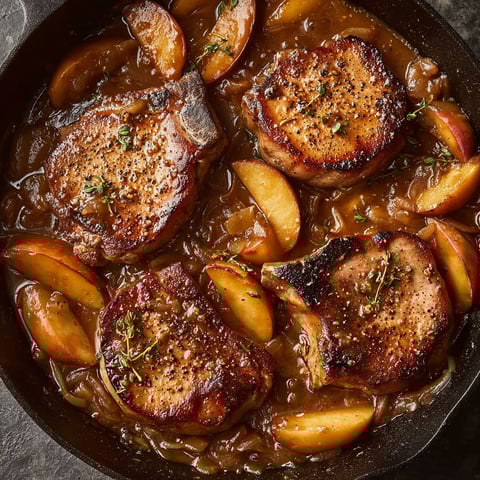A pan of meat with apples and onions.