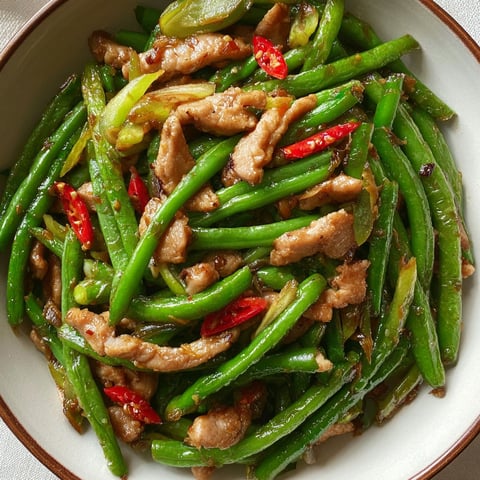 A bowl of stir fry with green beans and meat.