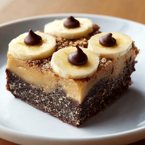 A square of chocolate brownie with bananas on top.