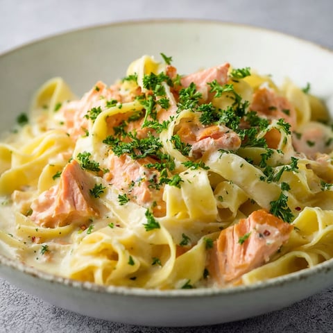 A bowl of creamy pasta with chunks of meat.