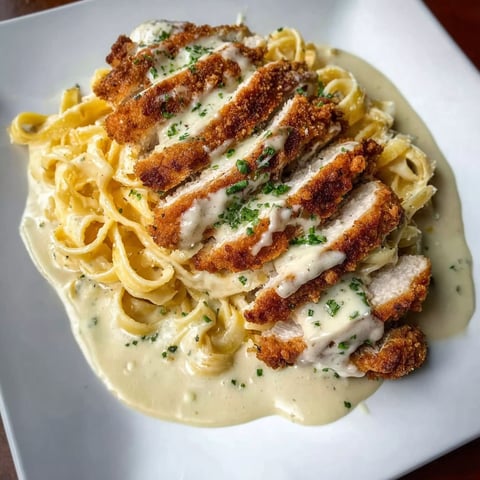 A plate of chicken Alfredo with pasta.