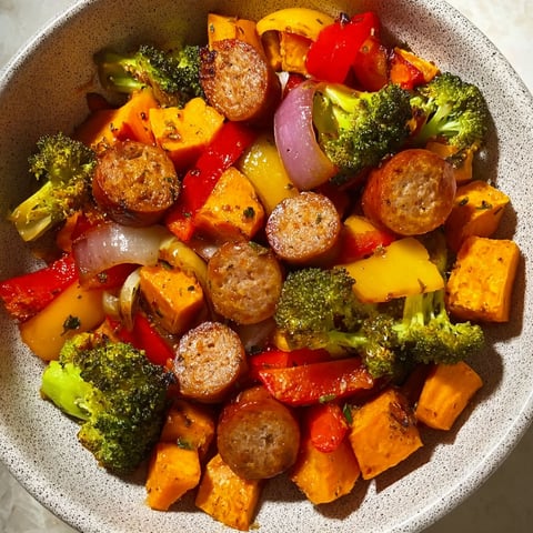 A bowl of food with sausage and vegetables.