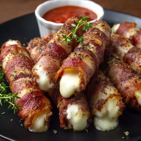 A plate of bacon wrapped cheese sticks.