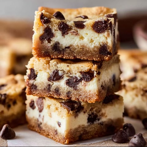 A stack of chocolate chip cookie dough cheesecake bars.