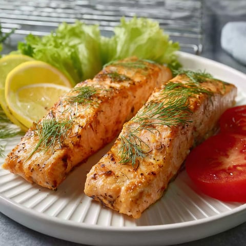 Two pieces of salmon with lemon wedges on a plate.