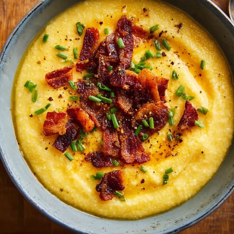 A bowl of soup with bacon and green onions.