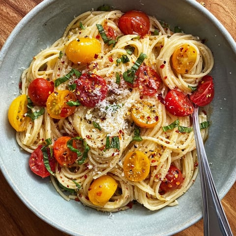 A bowl of spaghetti with tomatoes, basil, and chili flakes.