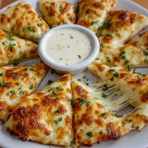 A plate of cheesy garlic pizza with a creamy dip.