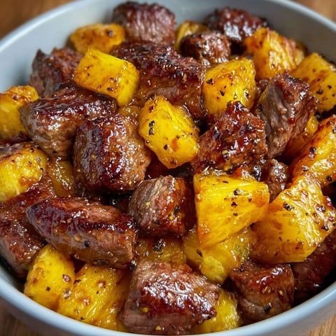 A bowl of meat and pineapple.