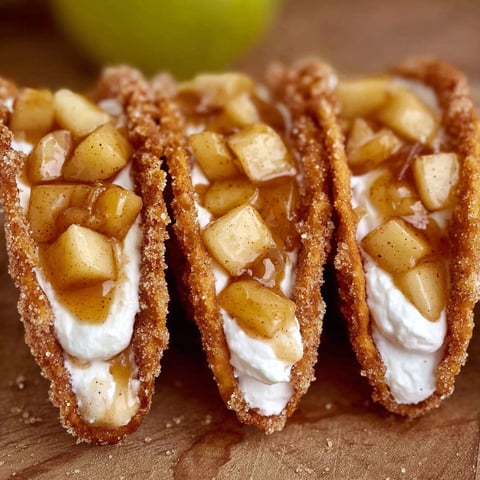 Three apple pie tacos with caramel sauce.