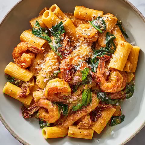 A bowl of shrimp and pasta.