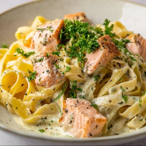 A bowl of pasta with salmon, dill, and parsley.