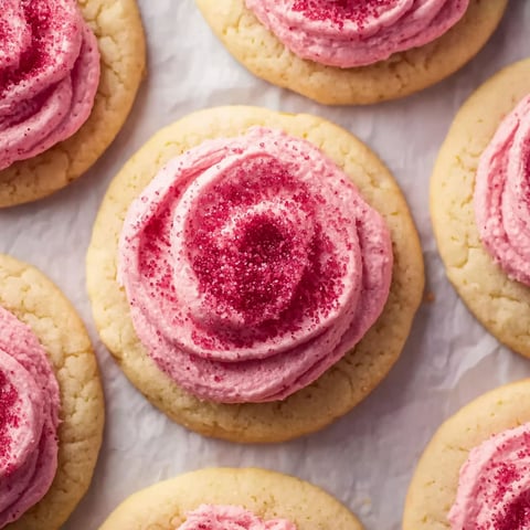 A cookie with pink frosting and a swirl design.