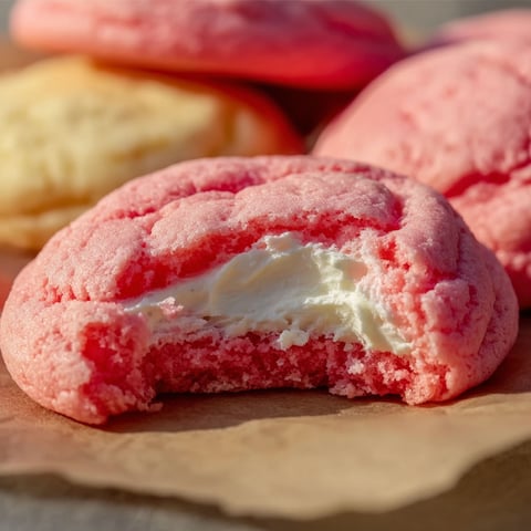 A pink and white cookie with white frosting.