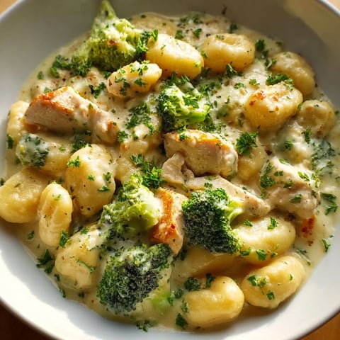 A bowl of creamy chicken and broccoli gnocchi.