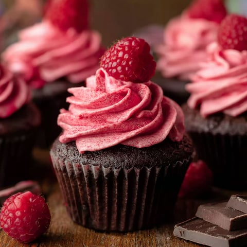 A close up of a chocolate cupcake with a raspberry on top.