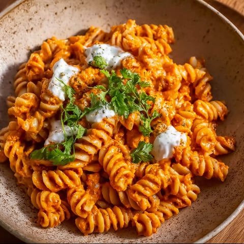A bowl of pasta with white sauce and green toppings.