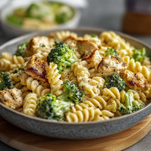 A plate of food with chicken, broccoli, and pasta.