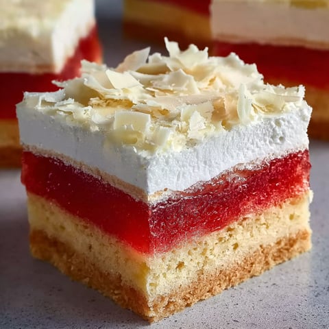 A slice of cake with white frosting and red jam.