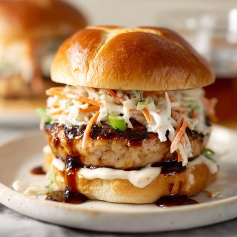 A chicken teriyaki burger with coleslaw and barbecue sauce.